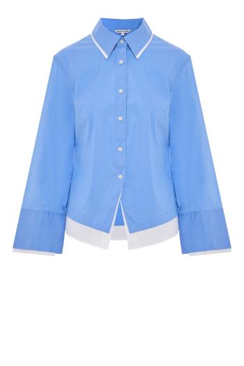Bonnie Cotton Button-Down Shirt - Blue and White Stretch-Cotton Split-Hem Top