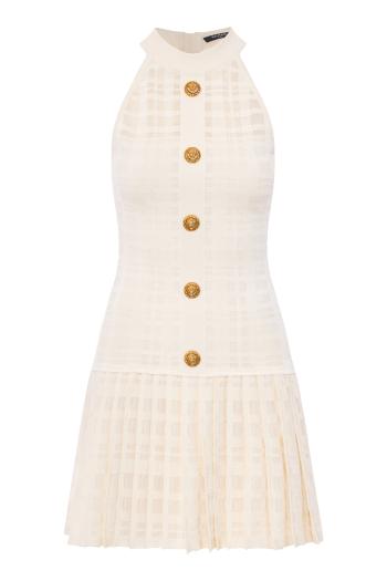 Checked crepe mini dress in natural