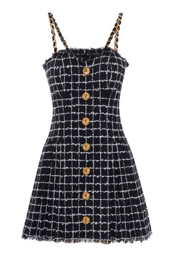 Tweed mini dress with chain straps in black