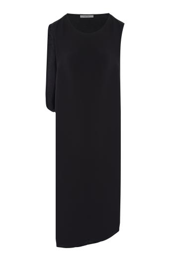 Draped voile silk midi dress in black