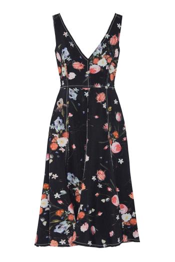 Floral Print Textured Twill Sleeveless Midi Dress in black 