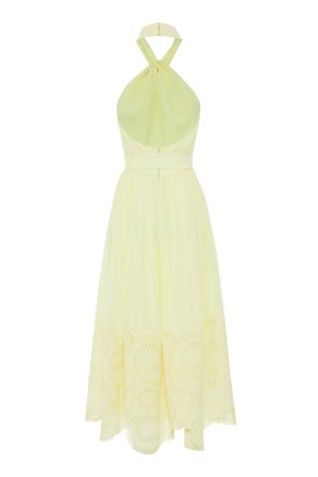 Macrame embroidered silk-blend midi dress in butter yellow