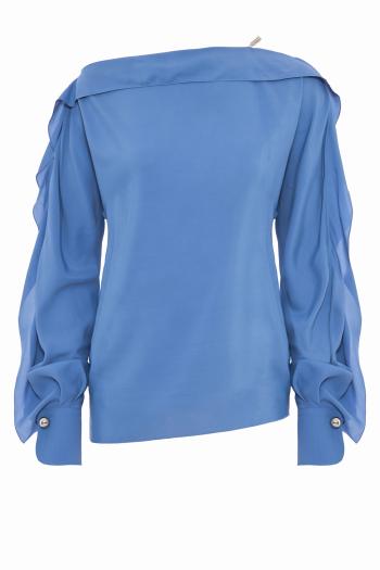 Long-sleeved silk top in crepe de chine in blue 