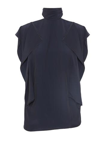Ruffled satin top in navy 