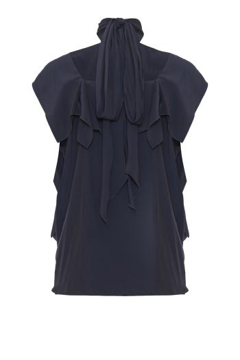 Ruffled satin top in navy 
