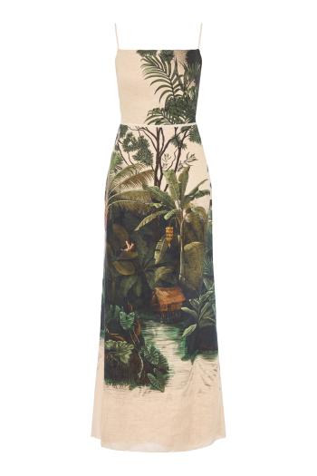 Andean mythology printed linen maxi dress in green 