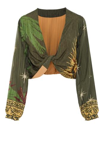 Afterwork printed silk and cotton cropped top in green
