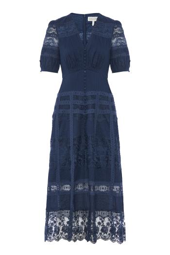 Lea lace-trimmed cotton maxi dress in navy 