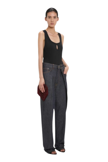 Split cotton and linen tank top in black