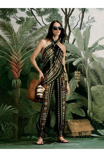 Ancestral printed silk halter top in forest green 