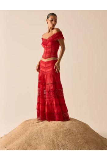 Serza lace-paneled cotton midi skirt in red 