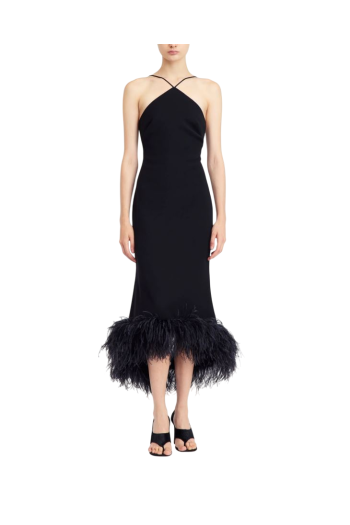 Ade feather-trimmed crepe midi dress in black