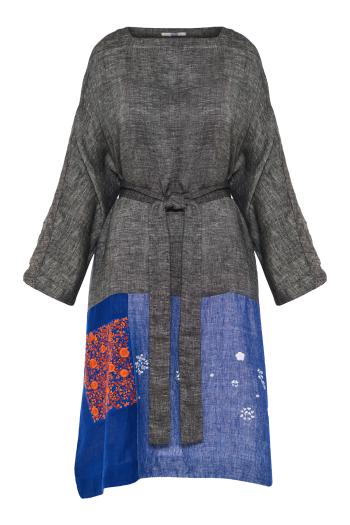 Paneled linen midi dress in dark stone 