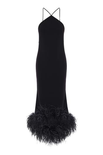 Ade feather-trimmed crepe midi dress in black