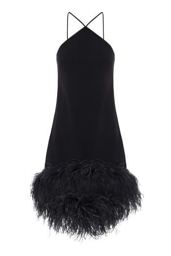 Addy feather-trimmed crepe mini dress in black
