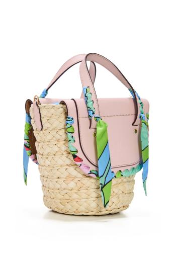 Habanera silk, raffia and leather shoulder bag in kaleidoscope