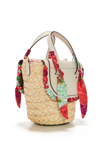 Habanera silk, raffia and leather shoulder bag in roseto 