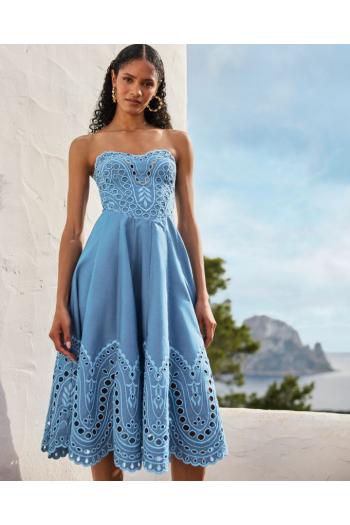 Marlin broderie cotton-blend midi dress in azul 