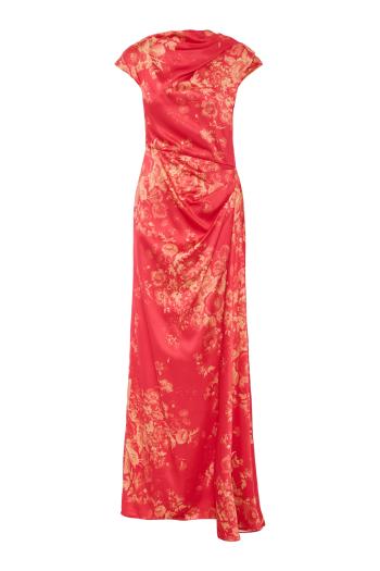 Duchesse floral printed satin gown in blossom pink 