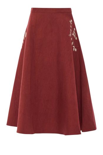 Nicole embroidered linen midi skirt in ruby