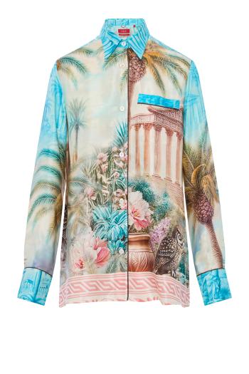 Cariddi printed silk-blend men's shirt in owl blue 