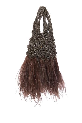 Vannifique crystal and feather top handle bag in black 