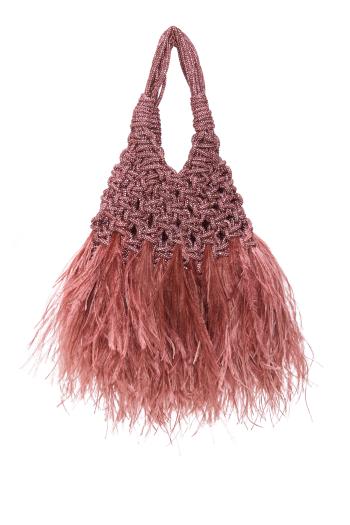 Vannifique crystal and feather top handle bag in rose 