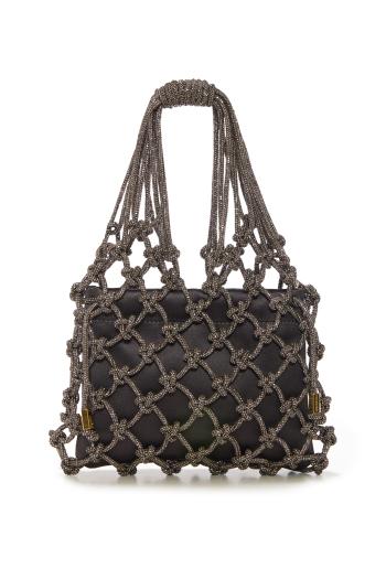  Carrie embellished satin knitted top handle bag in black 