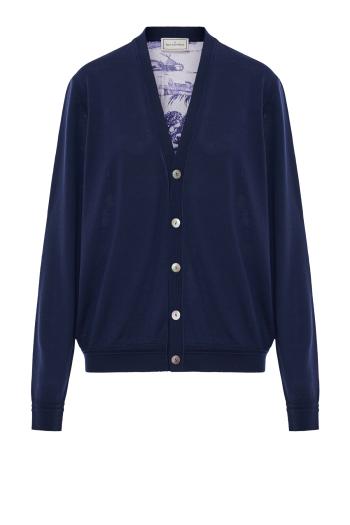 Silk-paneled wool cardigan in navy 
