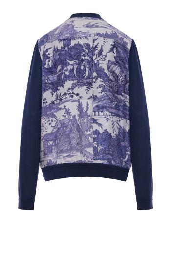 Silk-paneled wool cardigan in navy 