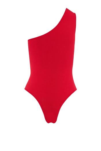 Knitted silk one-shoulder top in red 