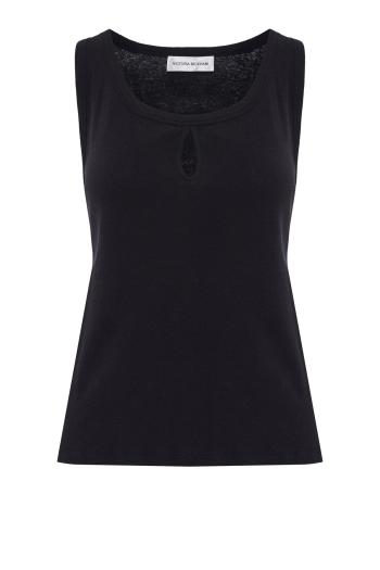 Split cotton and linen tank top in black