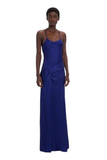Draped satin gown in indigo 