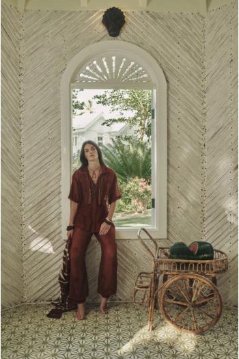Palm cotton-mesh pants in marsala