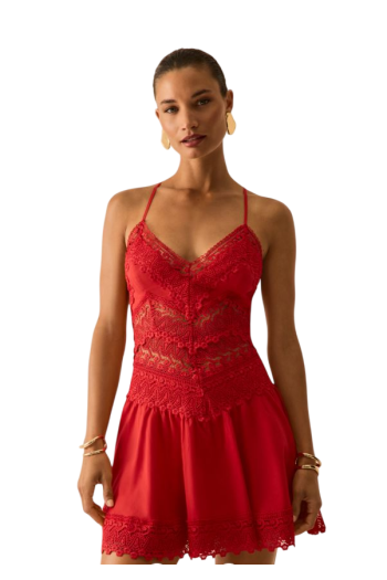 Aveline lace-trimmed cotton mini dress in red 