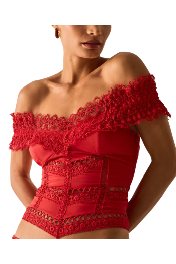 Elisette lace-trimmed cotton top in red