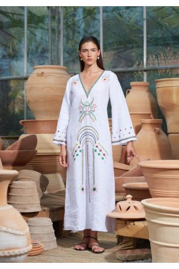 Vera embroidered linen kaftan in white 