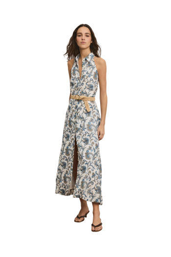 Mackey printed ramie midi dress in dove 