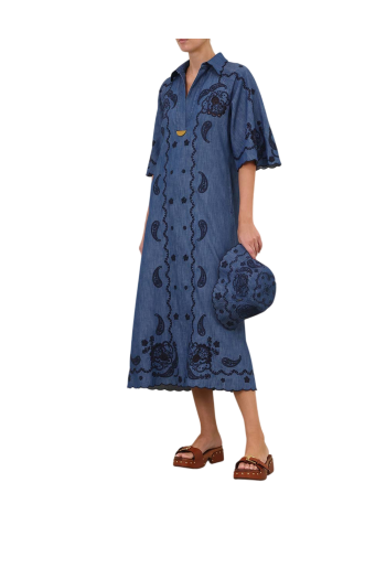 Aster embroidered denim midi dress in blue 