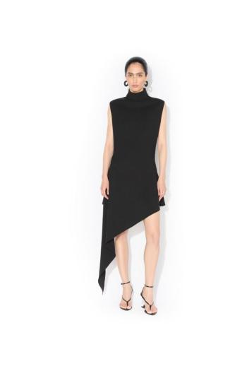 Asymmetric wool-garbardine mini dress in black