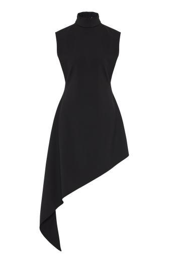 Asymmetric wool-garbardine mini dress in black