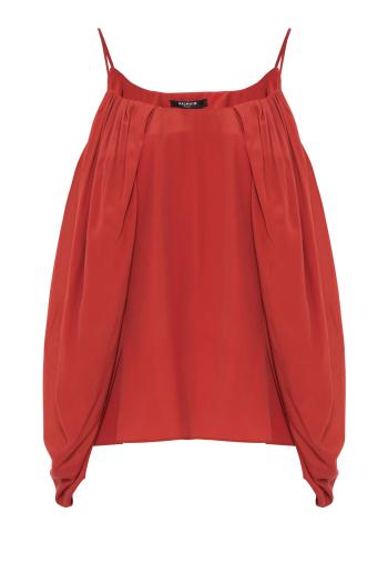Draped silk crepe top in rouge ochre 