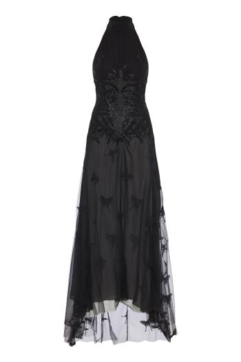 Embroidered tulle midi dress in black