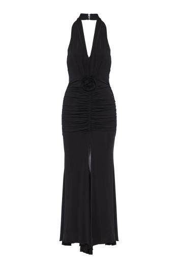 Ruched crepe strapless maxi dress in black 