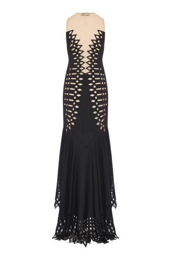 Embroidered scuba maxi dress in black 