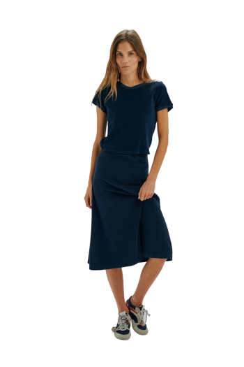 Sienna cotton-blend terry midi skirt in navy 