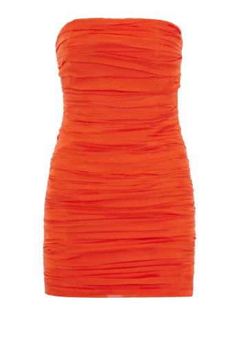 Ambra plisse silk mini dress in coral 