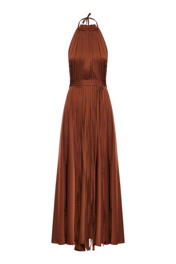 Georgia plisse satin maxi dress in chocolate 