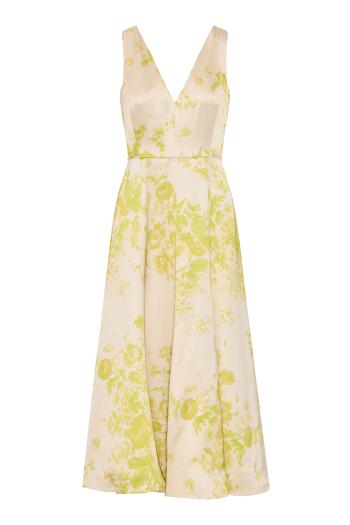 Printed duchesse-satin midi dress in chartreuse 
