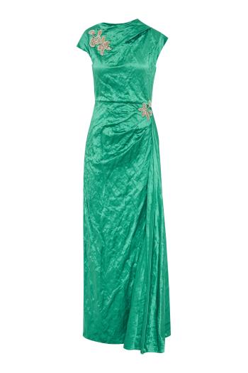 Embellished textured-satin midi dress in sea green 